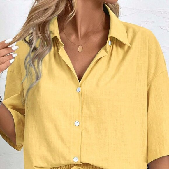 Yellow Casual Women's Vacation Short Sleeve Shirt And Shorts Set - Picture 3 of 7